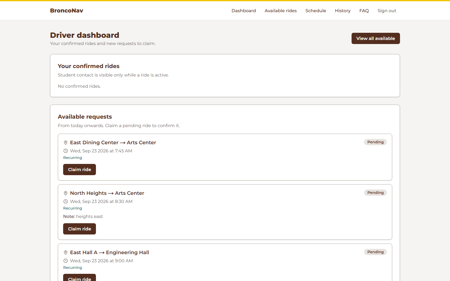 BroncoNav screenshot: Driver Dashboard